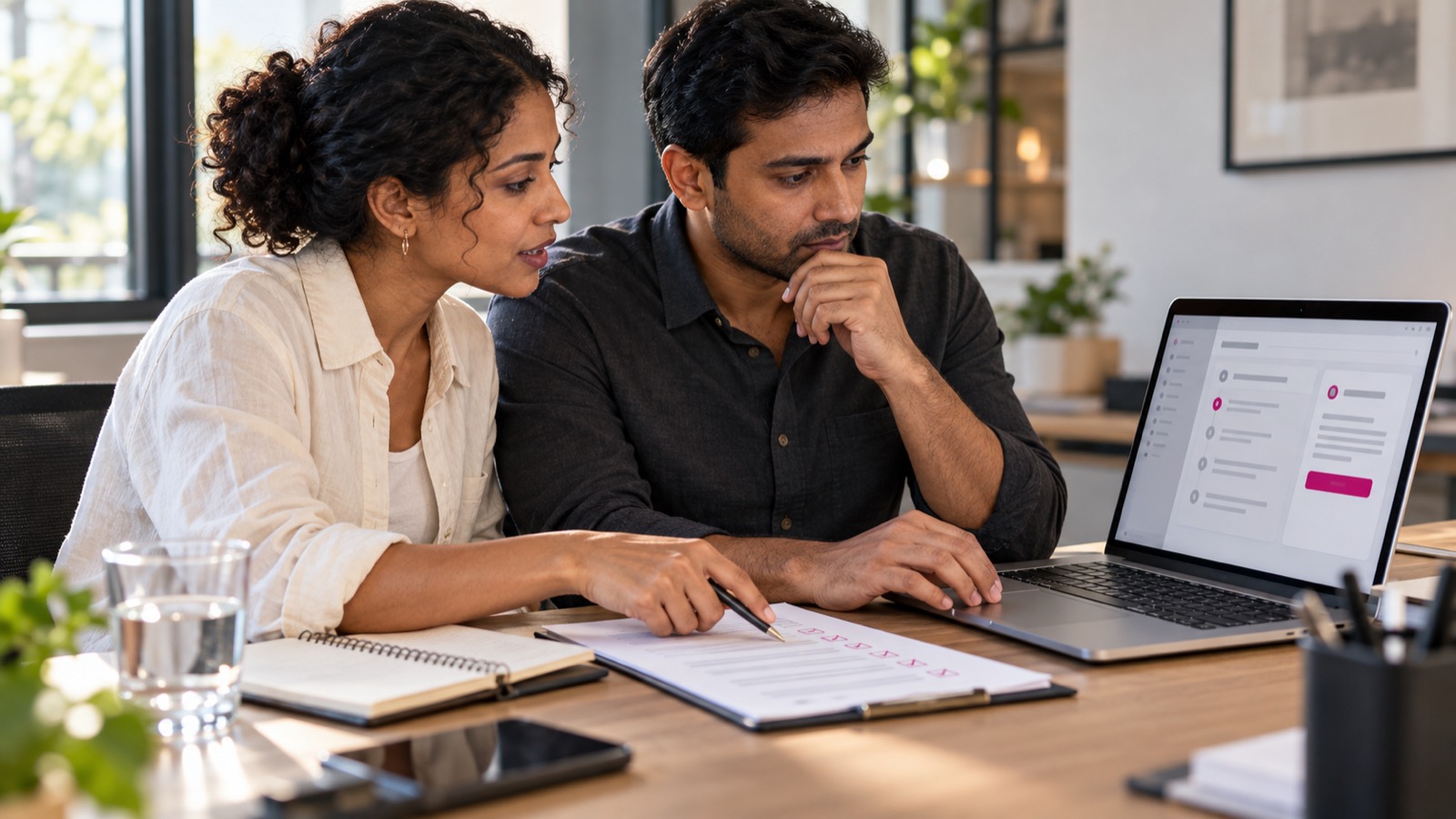 Two professionals review a proposed workflow action on a laptop alongside a paper checklist.