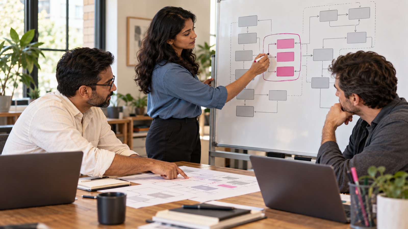 Three professionals discuss a system diagram, highlighting one business boundary on a whiteboard.